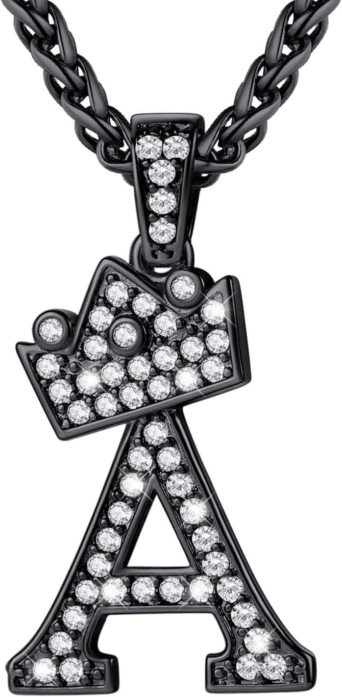 imageU7 Crown Initial Necklace Men Women Bling Diamond AZ 09 Letter Pendant with Wheat Chain SilverBlackGold Plated CZ Alphabet Number Hip Hop Jersery for Father Husbandc Black