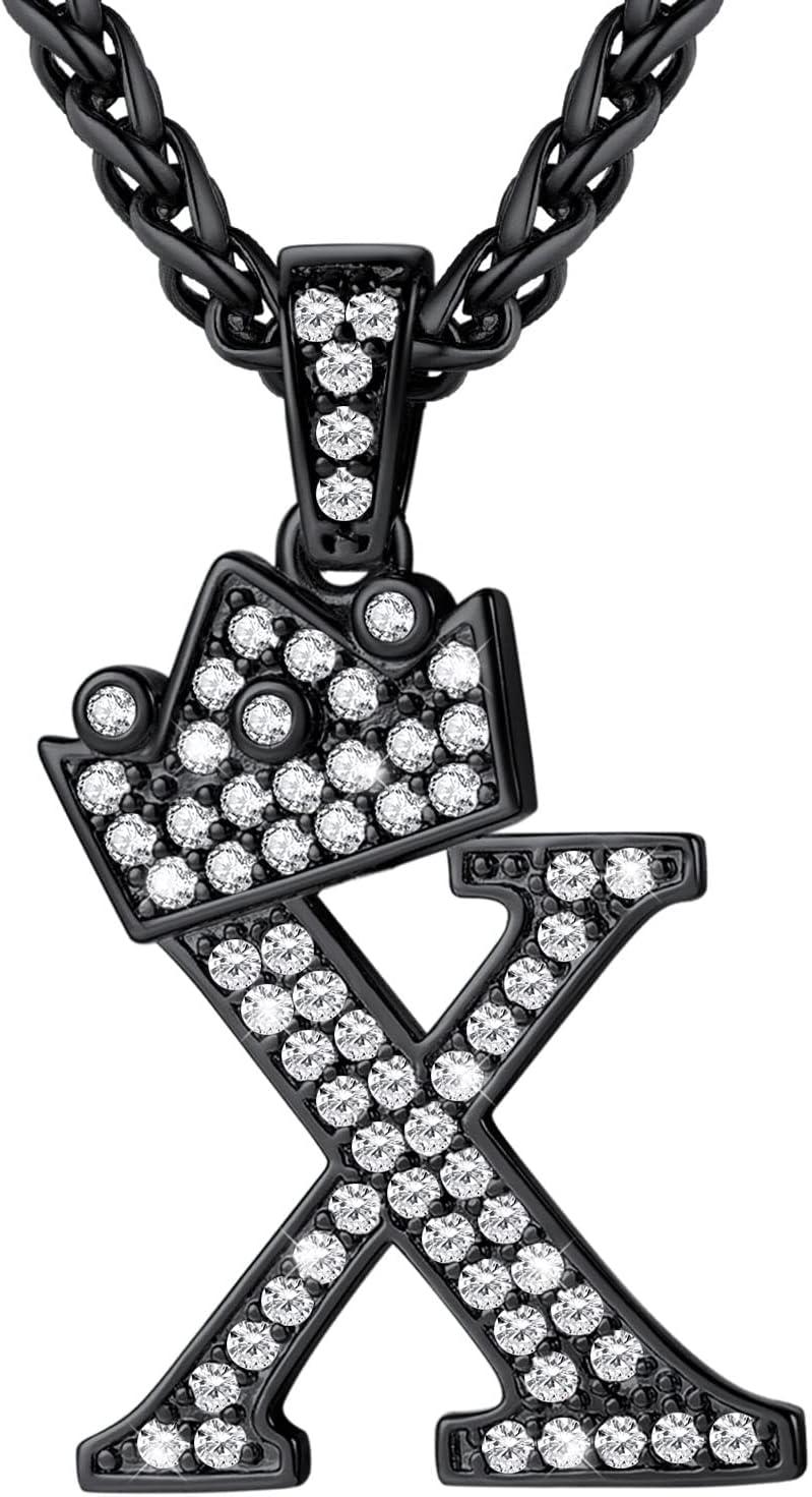 imageU7 Crown Initial Necklace Men Women Bling Diamond AZ 09 Letter Pendant with Wheat Chain SilverBlackGold Plated CZ Alphabet Number Hip Hop Jersery for Father Husbandc Black