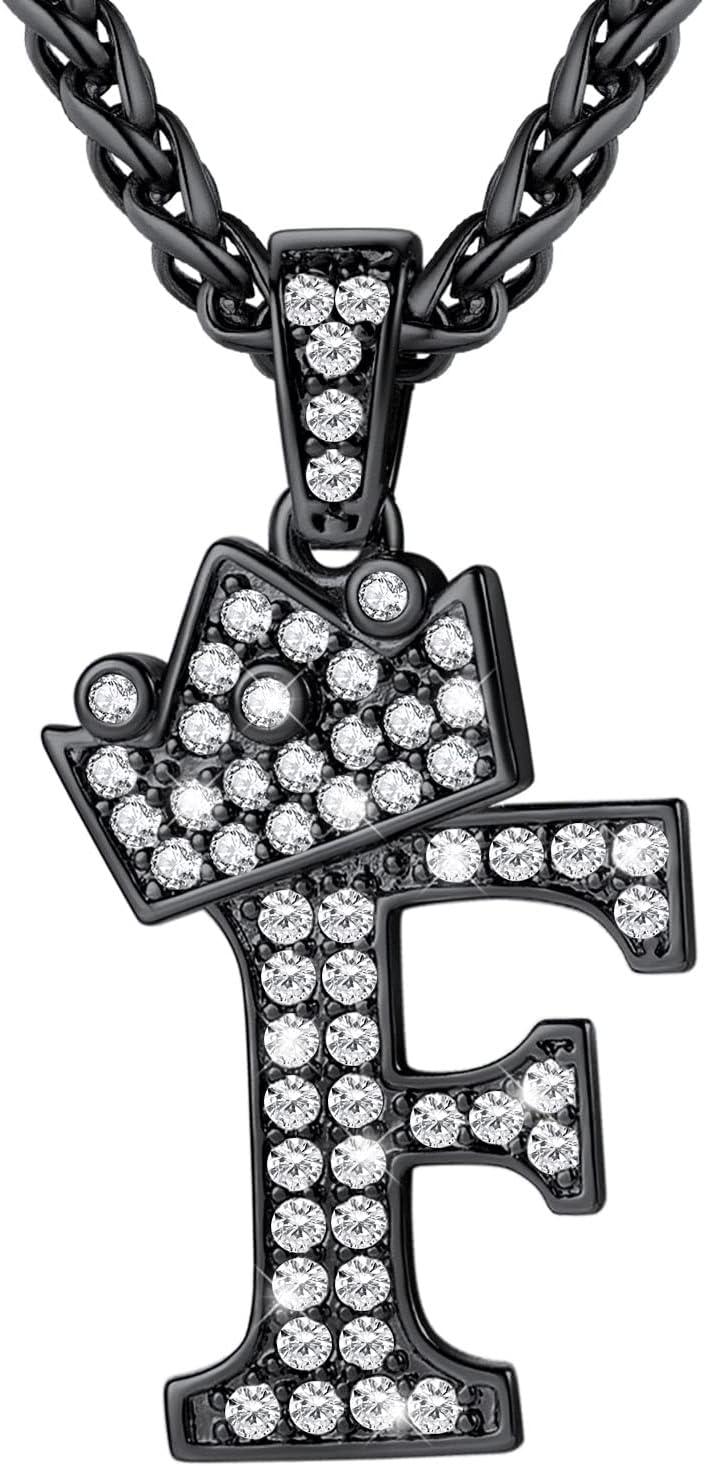 imageU7 Crown Initial Necklace Men Women Bling Diamond AZ 09 Letter Pendant with Wheat Chain SilverBlackGold Plated CZ Alphabet Number Hip Hop Jersery for Father Husbandc Black