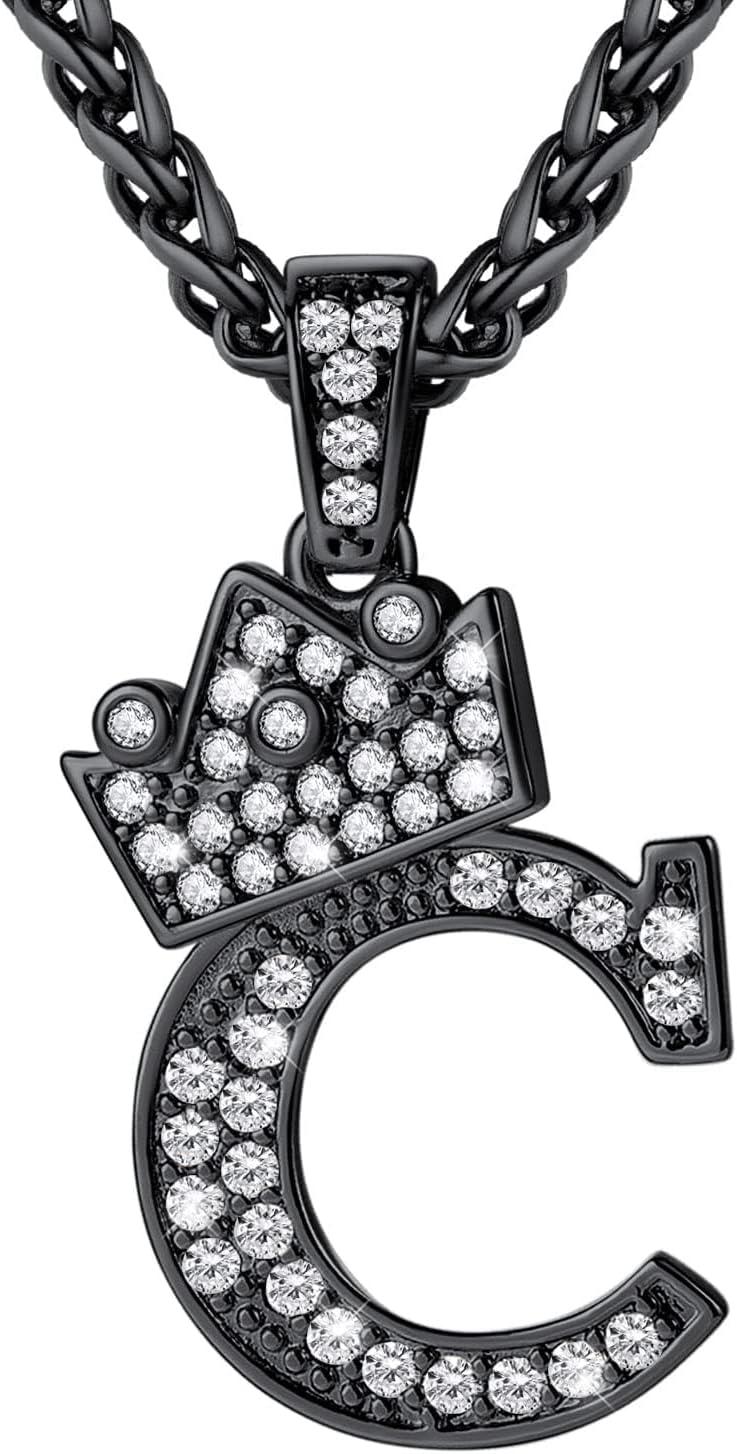 imageU7 Crown Initial Necklace Men Women Bling Diamond AZ 09 Letter Pendant with Wheat Chain SilverBlackGold Plated CZ Alphabet Number Hip Hop Jersery for Father Husbandc Black