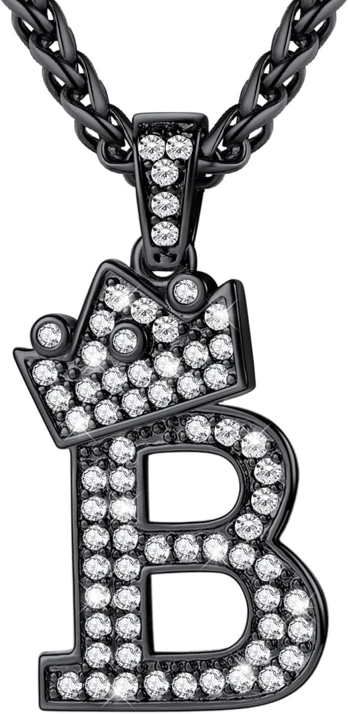 imageU7 Crown Initial Necklace Men Women Bling Diamond AZ 09 Letter Pendant with Wheat Chain SilverBlackGold Plated CZ Alphabet Number Hip Hop Jersery for Father Husbandc Black