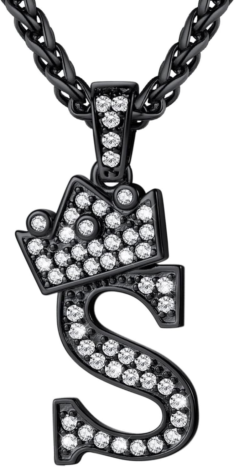 imageU7 Crown Initial Necklace Men Women Bling Diamond AZ 09 Letter Pendant with Wheat Chain SilverBlackGold Plated CZ Alphabet Number Hip Hop Jersery for Father Husbandc Black