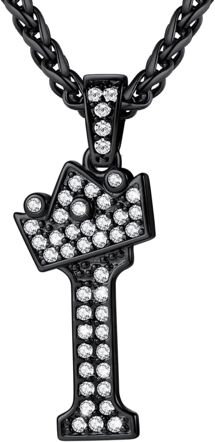 imageU7 Crown Initial Necklace Men Women Bling Diamond AZ 09 Letter Pendant with Wheat Chain SilverBlackGold Plated CZ Alphabet Number Hip Hop Jersery for Father Husbandc Black