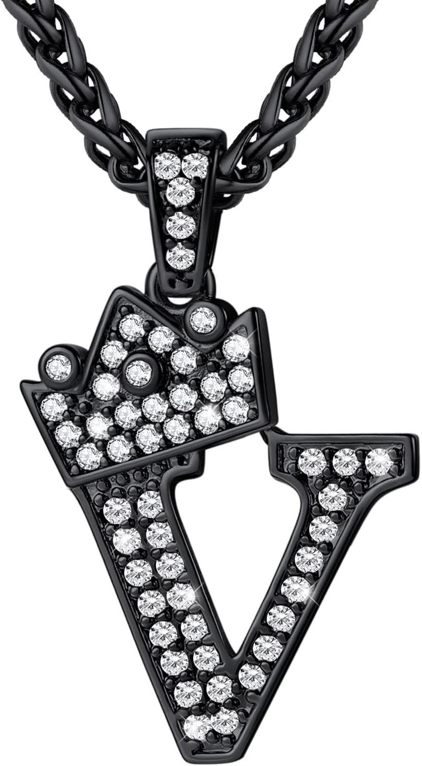 imageU7 Crown Initial Necklace Men Women Bling Diamond AZ 09 Letter Pendant with Wheat Chain SilverBlackGold Plated CZ Alphabet Number Hip Hop Jersery for Father Husbandc Black