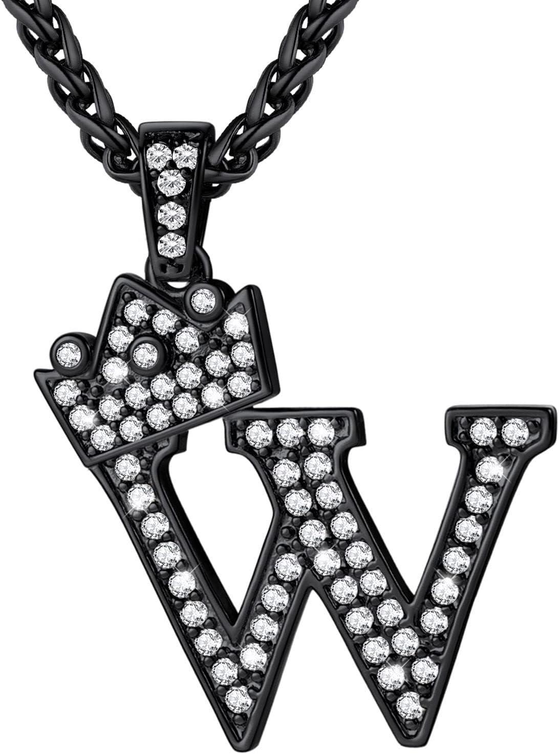 imageU7 Crown Initial Necklace Men Women Bling Diamond AZ 09 Letter Pendant with Wheat Chain SilverBlackGold Plated CZ Alphabet Number Hip Hop Jersery for Father Husbandc Black
