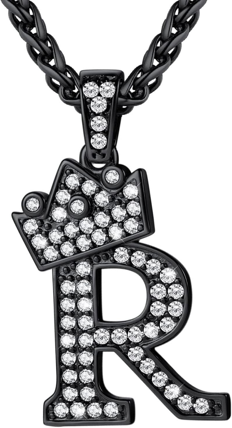 imageU7 Crown Initial Necklace Men Women Bling Diamond AZ 09 Letter Pendant with Wheat Chain SilverBlackGold Plated CZ Alphabet Number Hip Hop Jersery for Father Husbandc Black