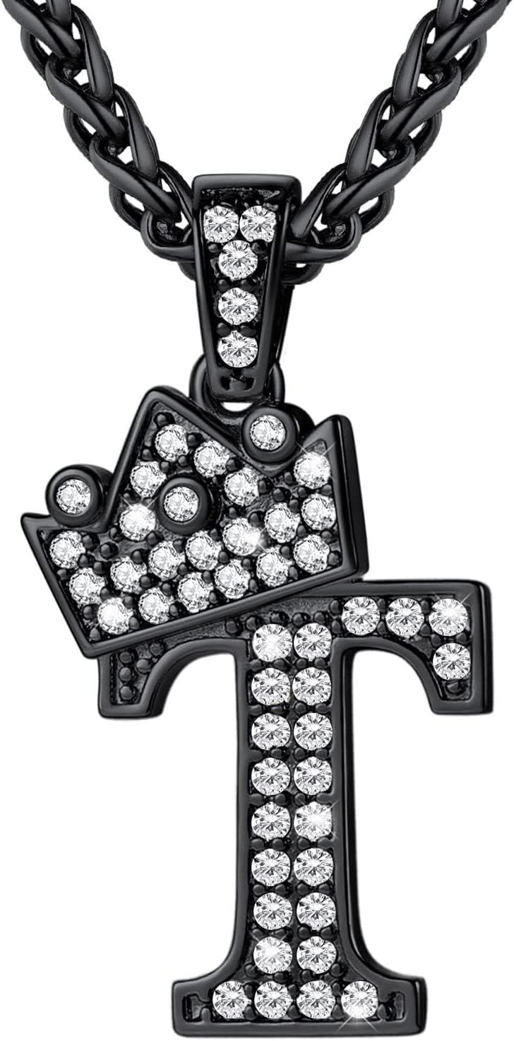 imageU7 Crown Initial Necklace Men Women Bling Diamond AZ 09 Letter Pendant with Wheat Chain SilverBlackGold Plated CZ Alphabet Number Hip Hop Jersery for Father Husbandc Black