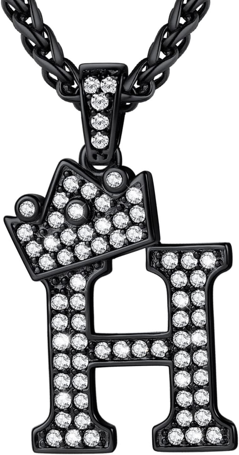 imageU7 Crown Initial Necklace Men Women Bling Diamond AZ 09 Letter Pendant with Wheat Chain SilverBlackGold Plated CZ Alphabet Number Hip Hop Jersery for Father Husbandc Black
