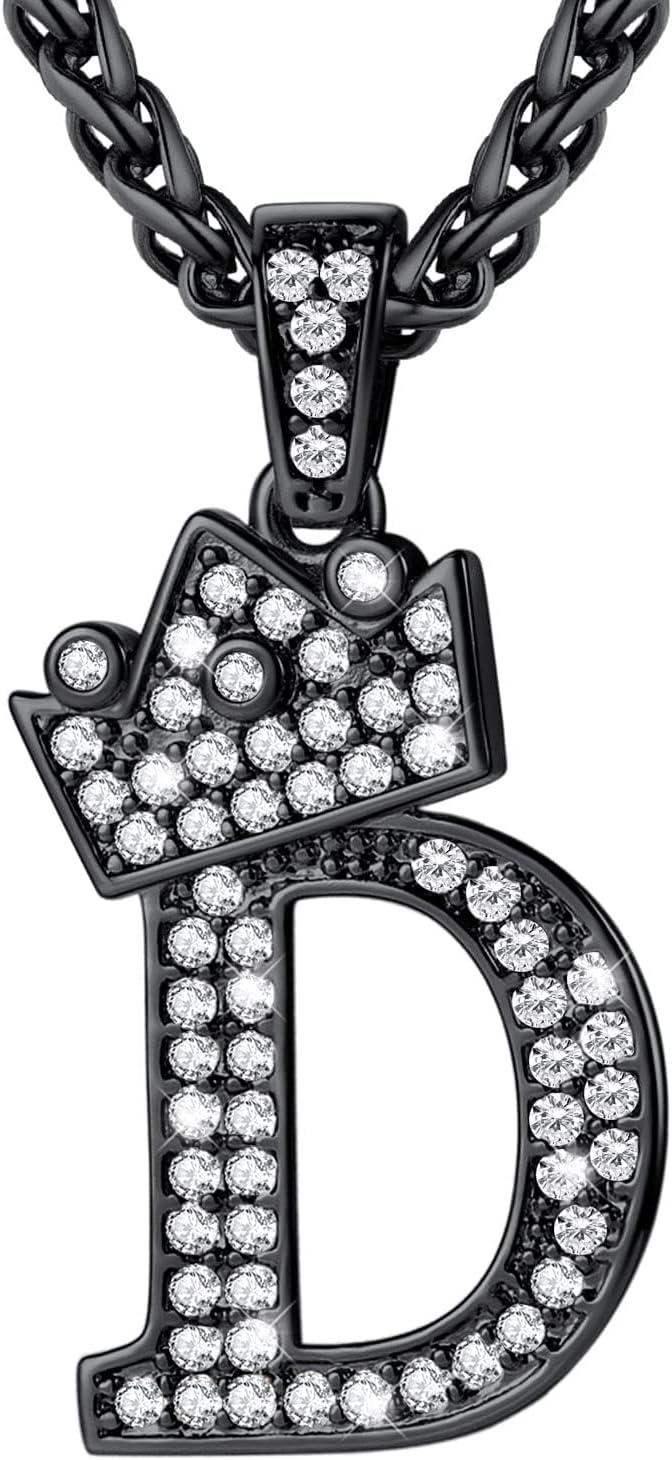imageU7 Crown Initial Necklace Men Women Bling Diamond AZ 09 Letter Pendant with Wheat Chain SilverBlackGold Plated CZ Alphabet Number Hip Hop Jersery for Father Husbandc Black