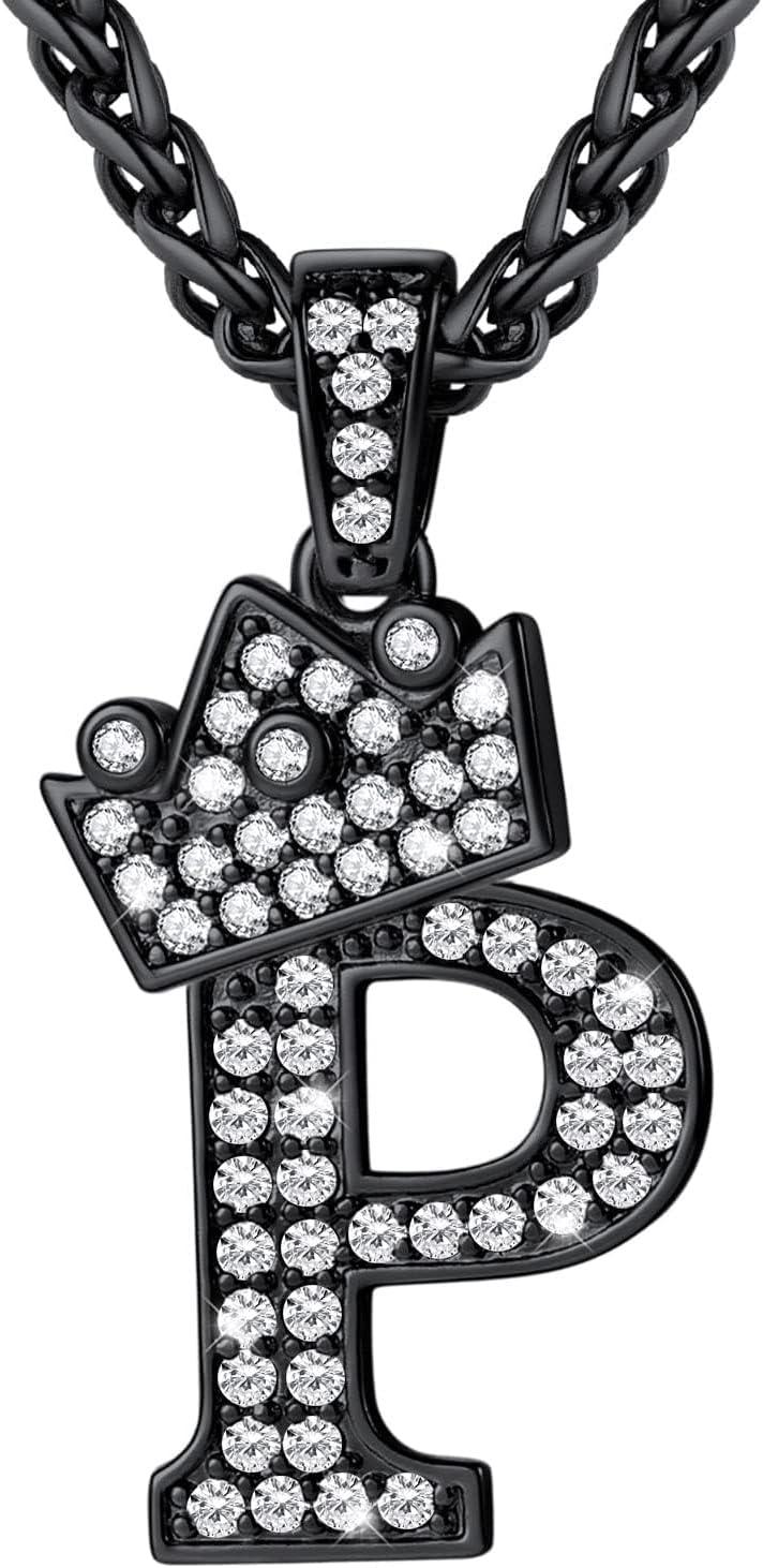 imageU7 Crown Initial Necklace Men Women Bling Diamond AZ 09 Letter Pendant with Wheat Chain SilverBlackGold Plated CZ Alphabet Number Hip Hop Jersery for Father Husbandc Black