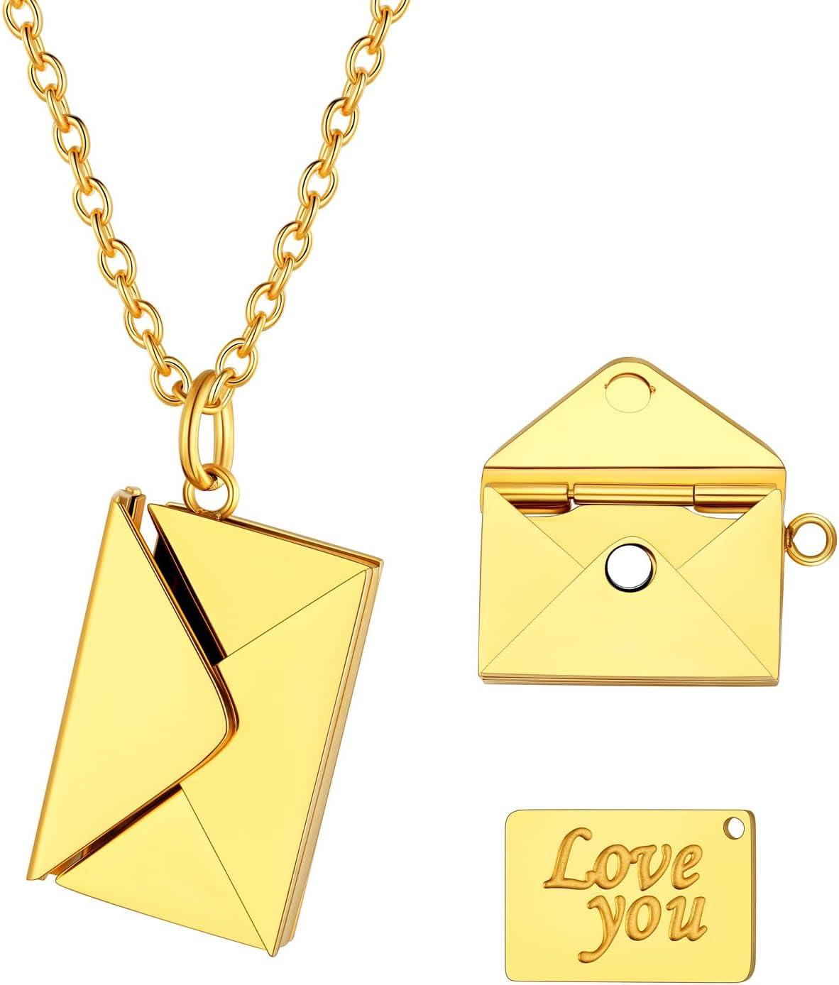 imageU7 Envelope Necklace Angel Wings Necklaces Stainless Steel Customized Photo ampamp Text Locket Pendant for Men Women Personalized Picture Jewelry Multiple Styles ButterflyHeartLove Letter01 Envelope Gold