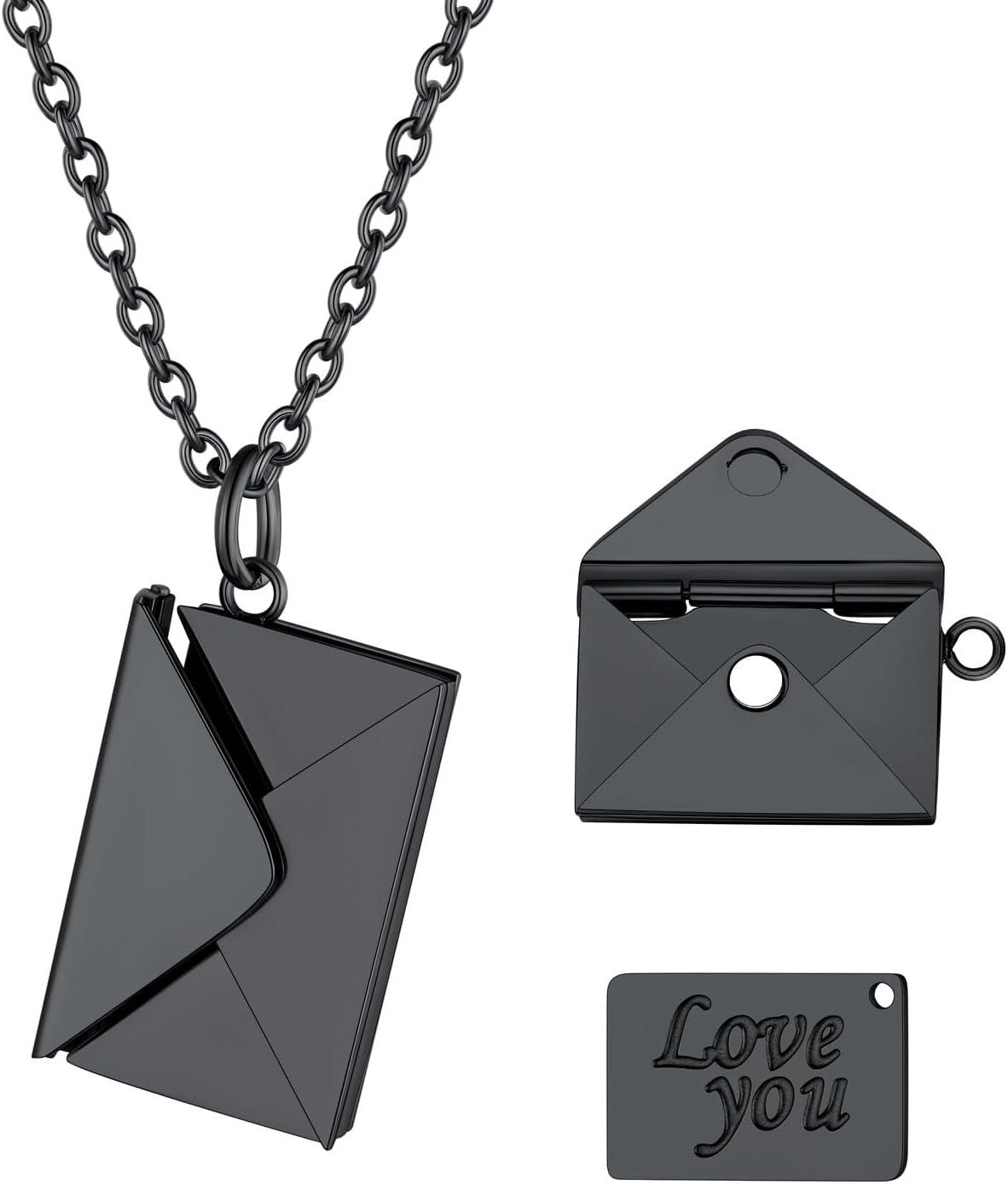 imageU7 Envelope Necklace Angel Wings Necklaces Stainless Steel Customized Photo ampamp Text Locket Pendant for Men Women Personalized Picture Jewelry Multiple Styles ButterflyHeartLove Letter01 Envelope Black