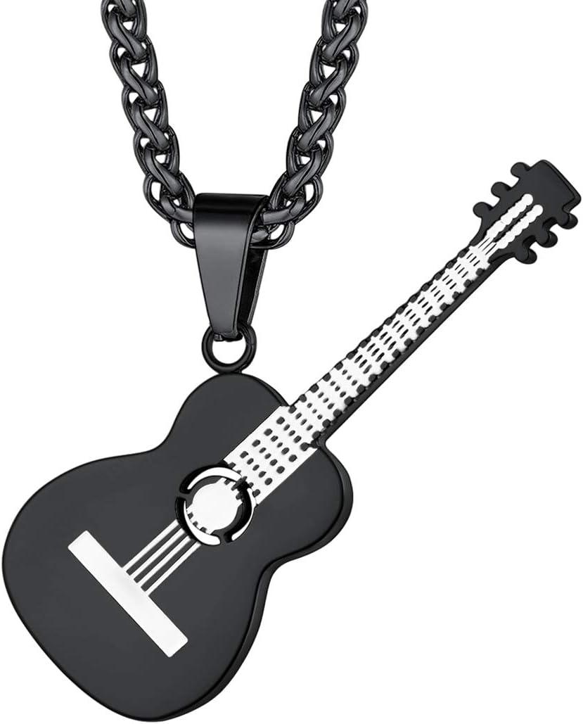 imageU7 Hip Hop Punk Music Necklace Guitar PickGuitarMicrophoneHeadphone Pendant with Chain for Men ampamp Women Stainless Steel RampampB Music Jewelry SilverGoldBlack CustomizableBlack