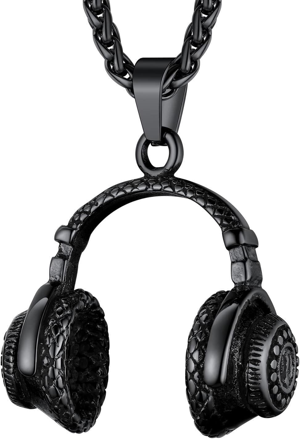 imageU7 Hip Hop Punk Music Necklace Guitar PickGuitarMicrophoneHeadphone Pendant with Chain for Men ampamp Women Stainless Steel RampampB Music Jewelry SilverGoldBlack CustomizableBlack