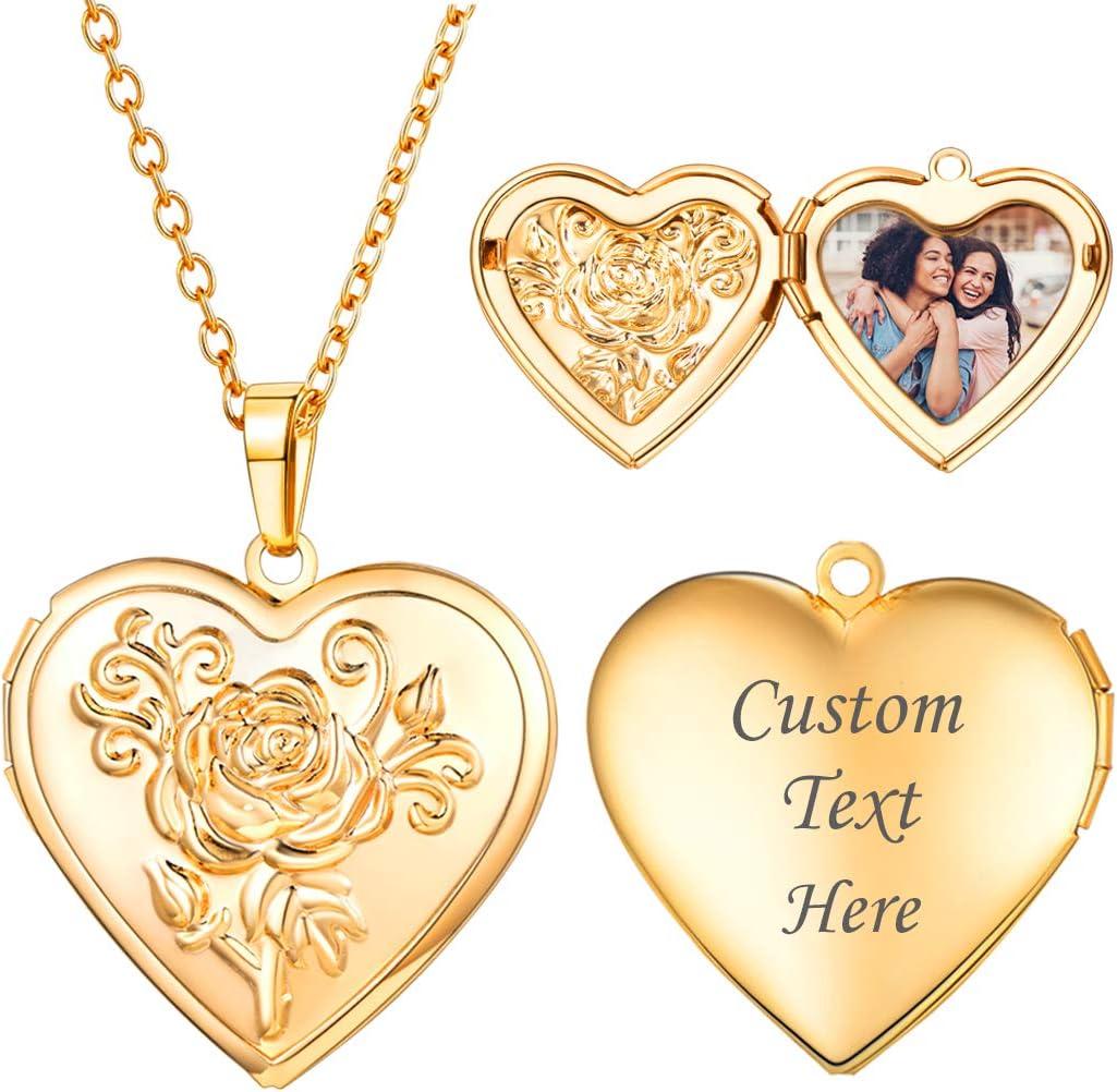 imageU7 Locket Necklace for Women SilverGoldRose Gold Custom Photo Text Necklaces Flower HeartRound Shape Personalized Picture Pendant Necklace 18 Inch01Gold Flower Heart