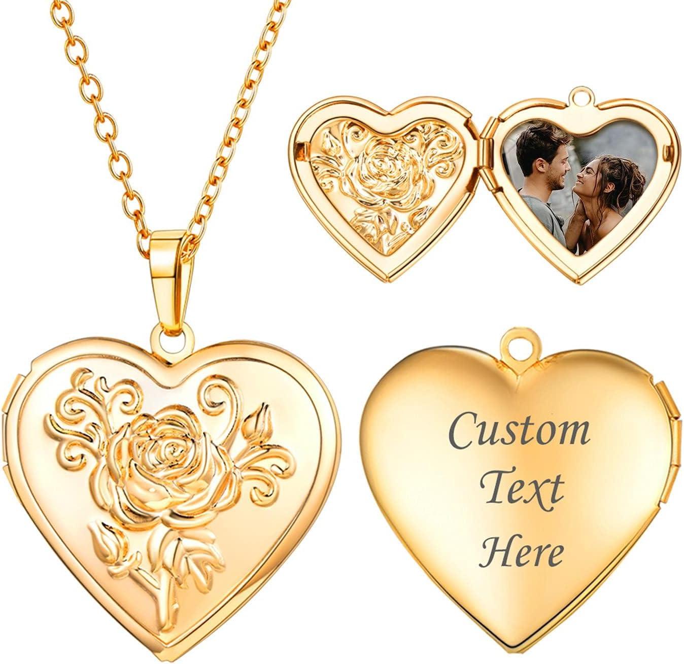 imageU7 Locket Necklace for Women SilverGoldRose Gold Custom Photo Text Necklaces Flower HeartRound Shape Personalized Picture Pendant Necklace 18 Inch01Gold Flower Heart