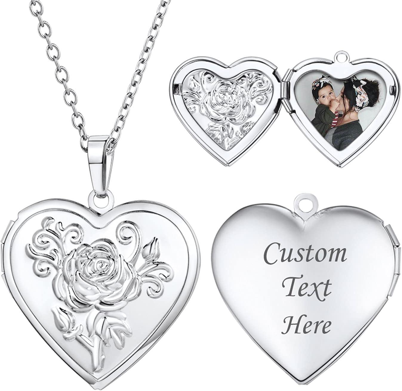 imageU7 Locket Necklace for Women SilverGoldRose Gold Custom Photo Text Necklaces Flower HeartRound Shape Personalized Picture Pendant Necklace 18 Inch01Platinum Flower Heart