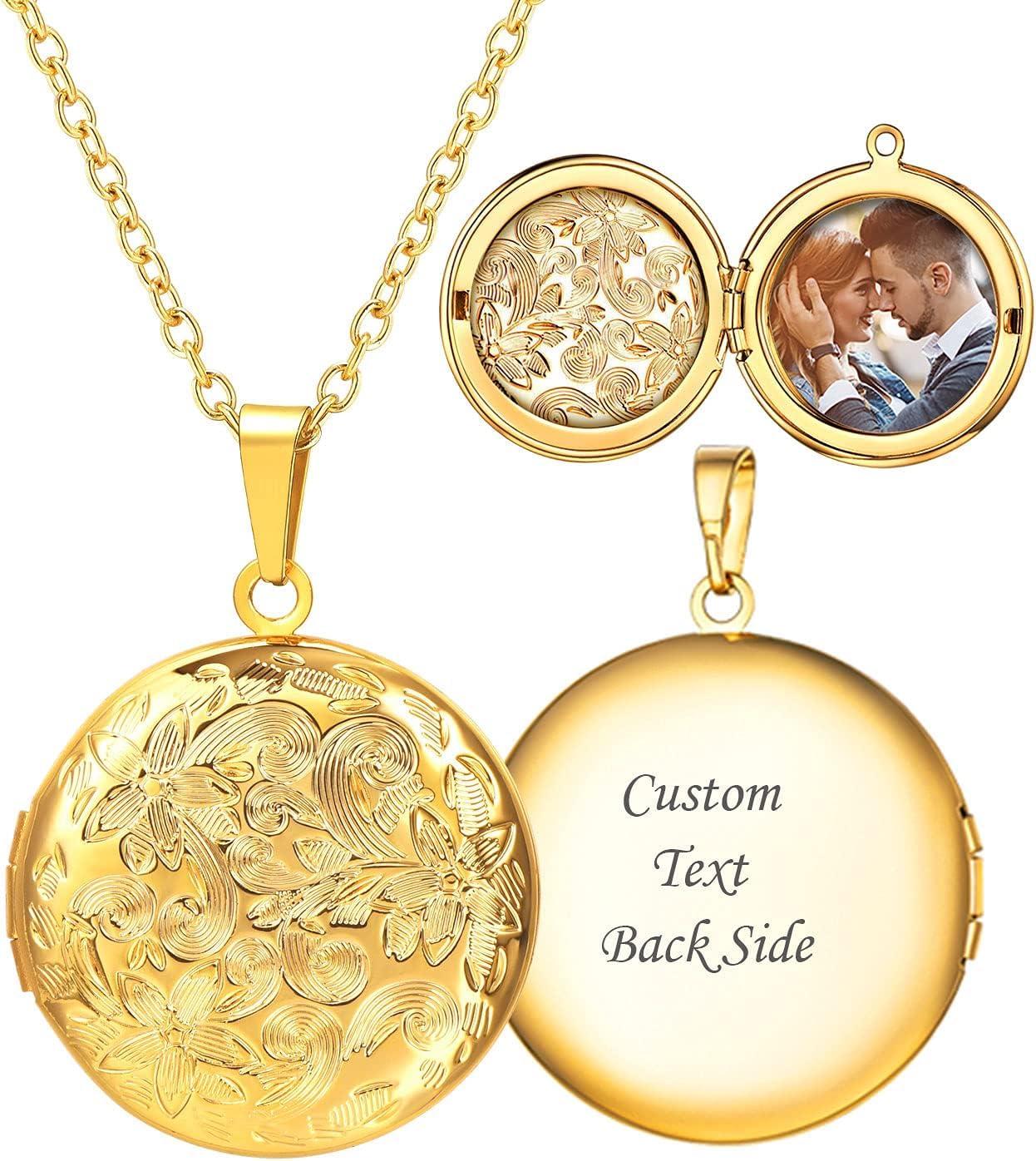 imageU7 Locket Necklace for Women SilverGoldRose Gold Custom Photo Text Necklaces Flower HeartRound Shape Personalized Picture Pendant Necklace 18 Inch02Gold Round Locket