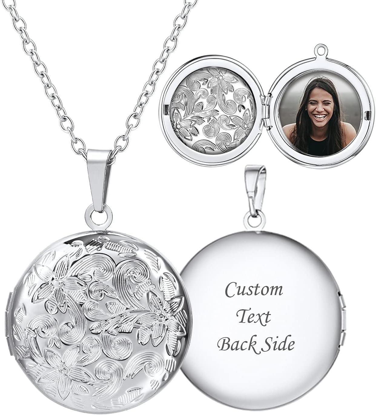 imageU7 Locket Necklace for Women SilverGoldRose Gold Custom Photo Text Necklaces Flower HeartRound Shape Personalized Picture Pendant Necklace 18 Inch02Stainless Round Locket