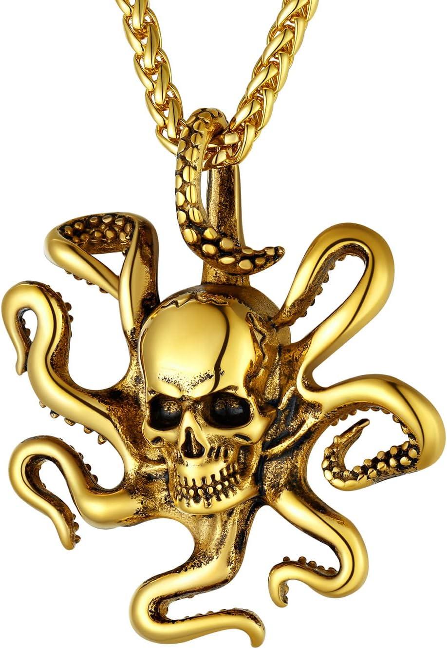 imageU7 Men Pendant Necklaces Stainless Steel Necklace for Men Cool Guitar Pick SkullAlligator Dinosaur Skeleton Tyrannosaurus RexGothic SkullOctopusEvil Demon Hannya Mask Pendant with ChainGold