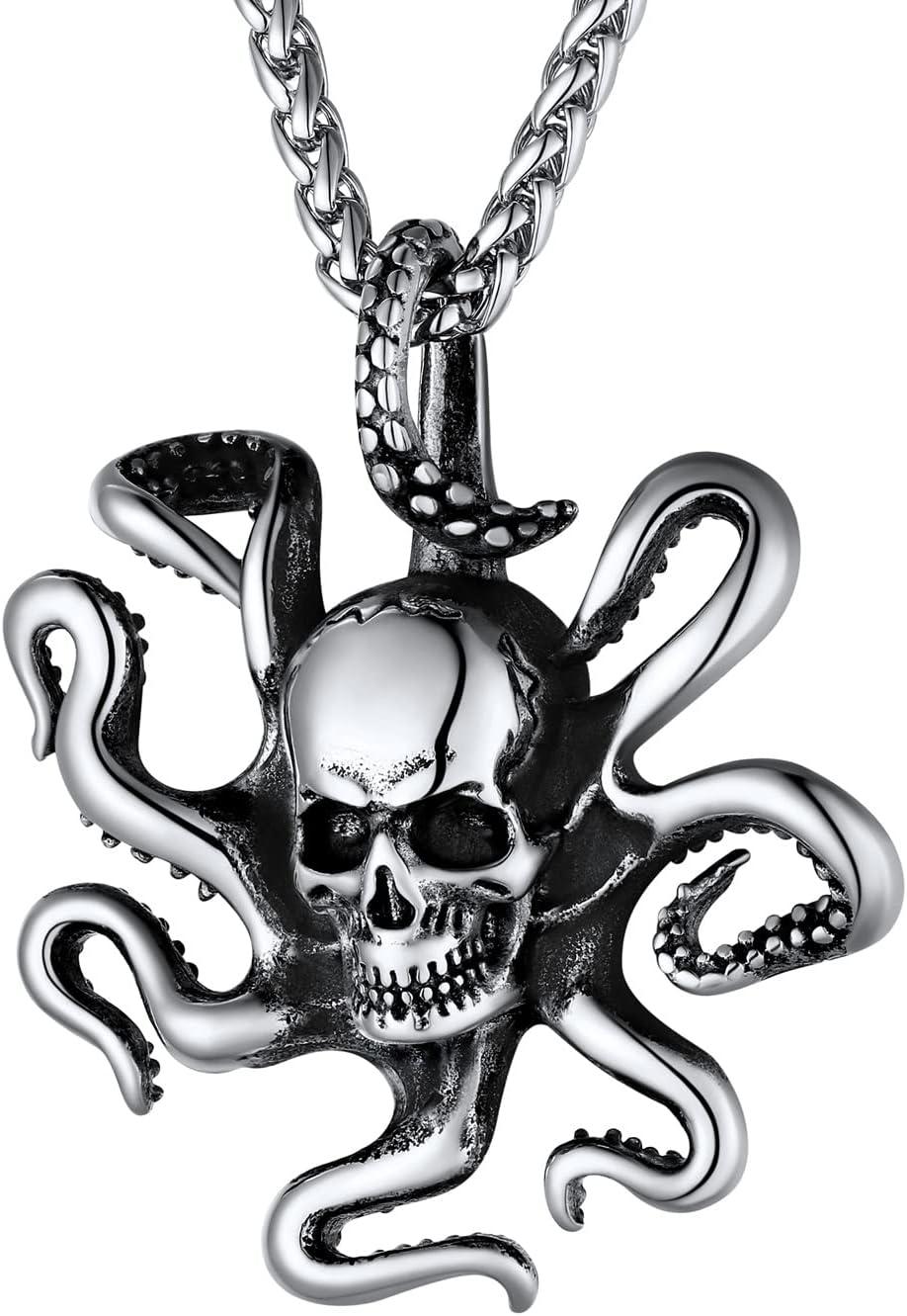 imageU7 Men Pendant Necklaces Stainless Steel Necklace for Men Cool Guitar Pick SkullAlligator Dinosaur Skeleton Tyrannosaurus RexGothic SkullOctopusEvil Demon Hannya Mask Pendant with ChainSilver