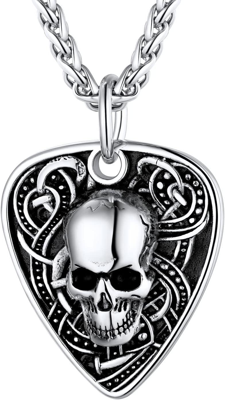 imageU7 Men Pendant Necklaces Stainless Steel Necklace for Men Cool Guitar Pick SkullAlligator Dinosaur Skeleton Tyrannosaurus RexGothic SkullOctopusEvil Demon Hannya Mask Pendant with ChainSilver