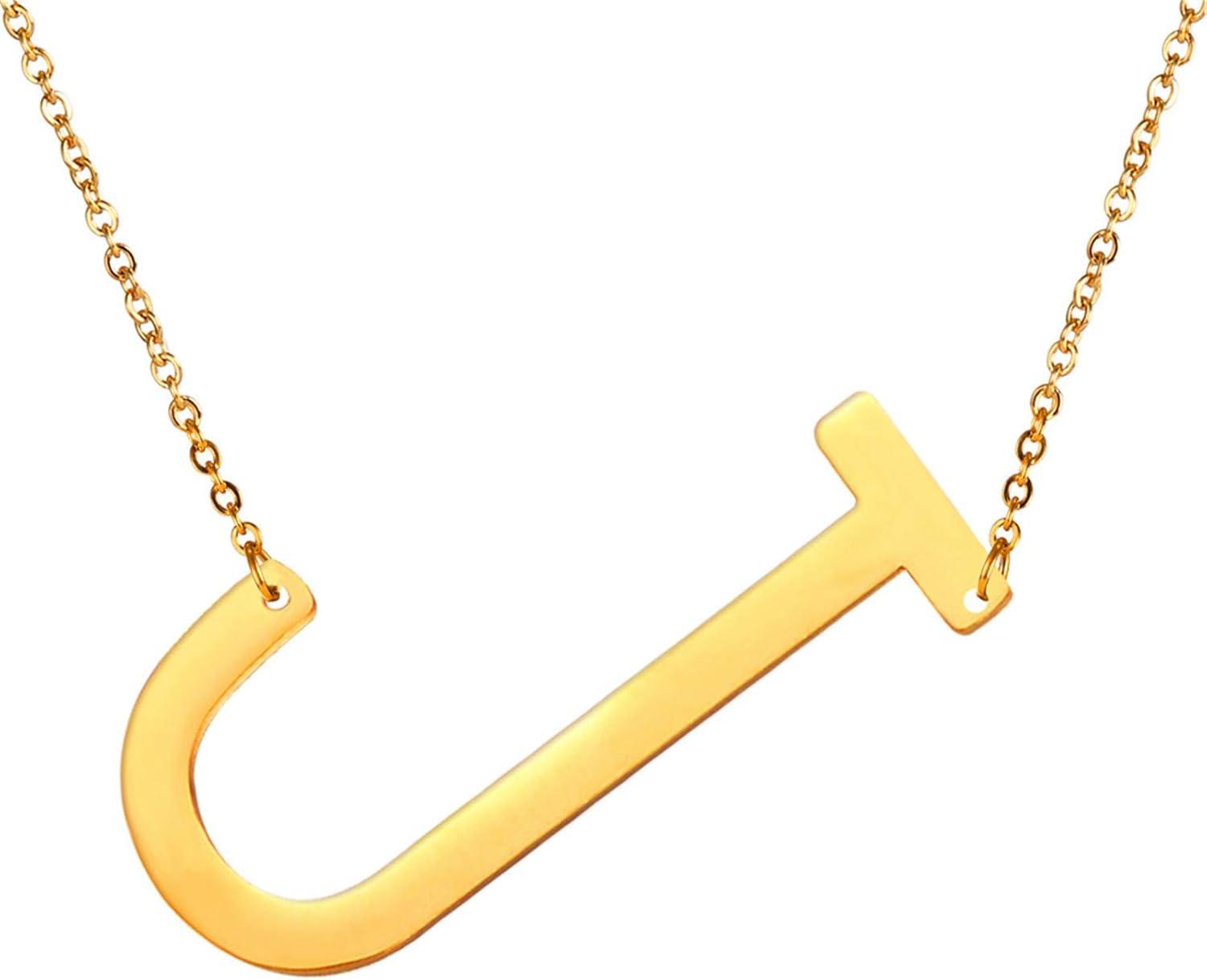 imageU7 Sideways Large Initial Necklaces for Women Big Letter Script Name Necklaces Stainless Steel 18K Gold Plated Pendant Monogram NecklaceGold