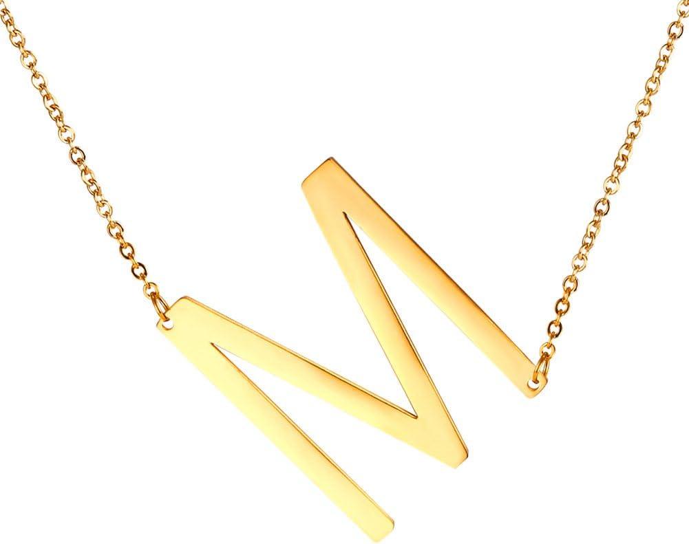 imageU7 Sideways Large Initial Necklaces for Women Big Letter Script Name Necklaces Stainless Steel 18K Gold Plated Pendant Monogram NecklaceGold