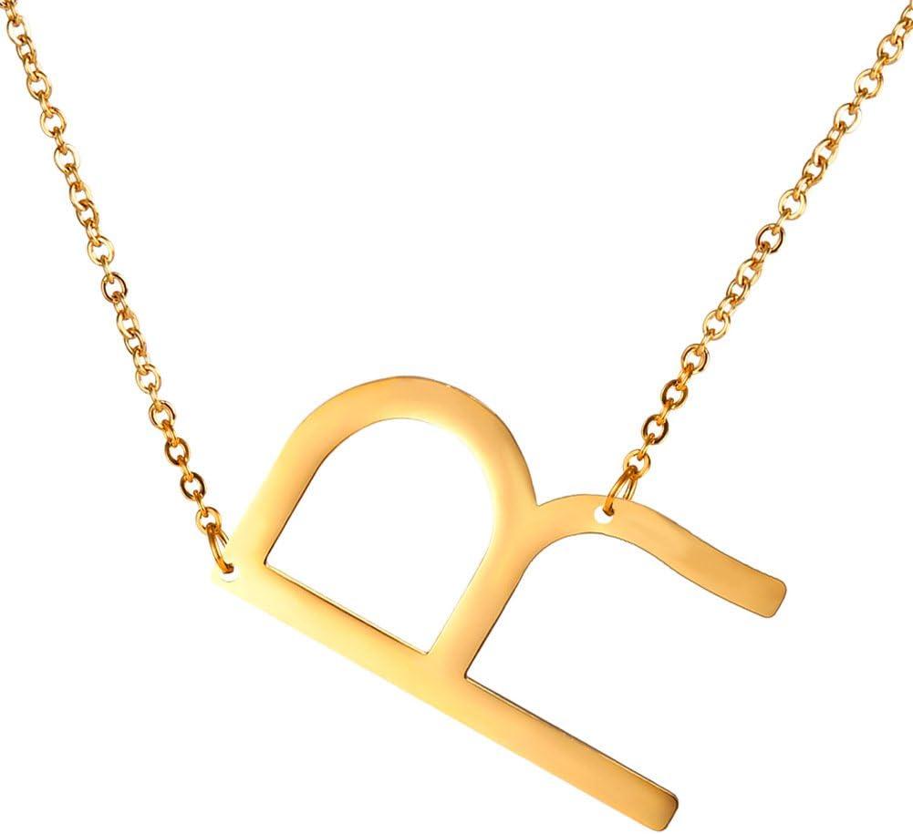 imageU7 Sideways Large Initial Necklaces for Women Big Letter Script Name Necklaces Stainless Steel 18K Gold Plated Pendant Monogram NecklaceGold