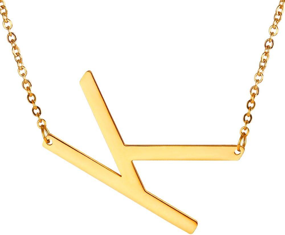 imageU7 Sideways Large Initial Necklaces for Women Big Letter Script Name Necklaces Stainless Steel 18K Gold Plated Pendant Monogram NecklaceGold