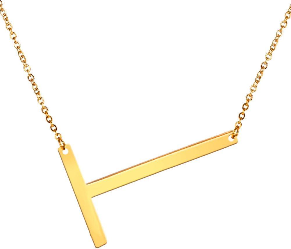 imageU7 Sideways Large Initial Necklaces for Women Big Letter Script Name Necklaces Stainless Steel 18K Gold Plated Pendant Monogram NecklaceGold