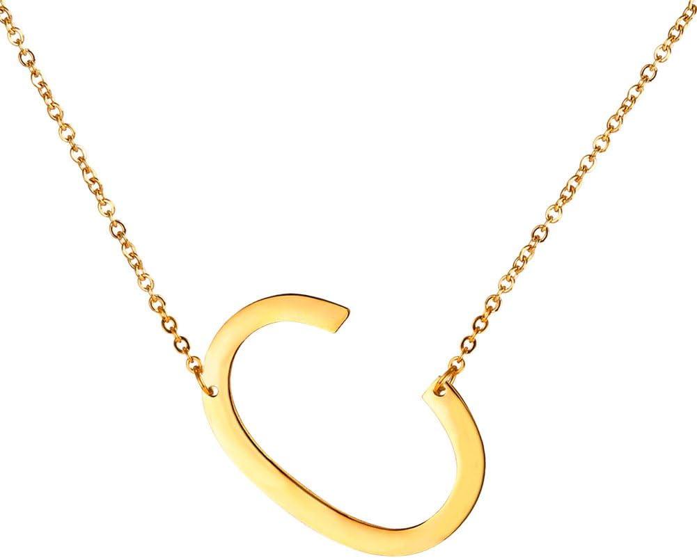 imageU7 Sideways Large Initial Necklaces for Women Big Letter Script Name Necklaces Stainless Steel 18K Gold Plated Pendant Monogram NecklaceGold