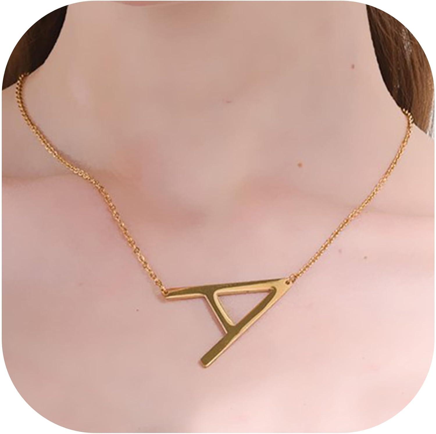 imageU7 Sideways Large Initial Necklaces for Women Big Letter Script Name Necklaces Stainless Steel 18K Gold Plated Pendant Monogram NecklaceGold