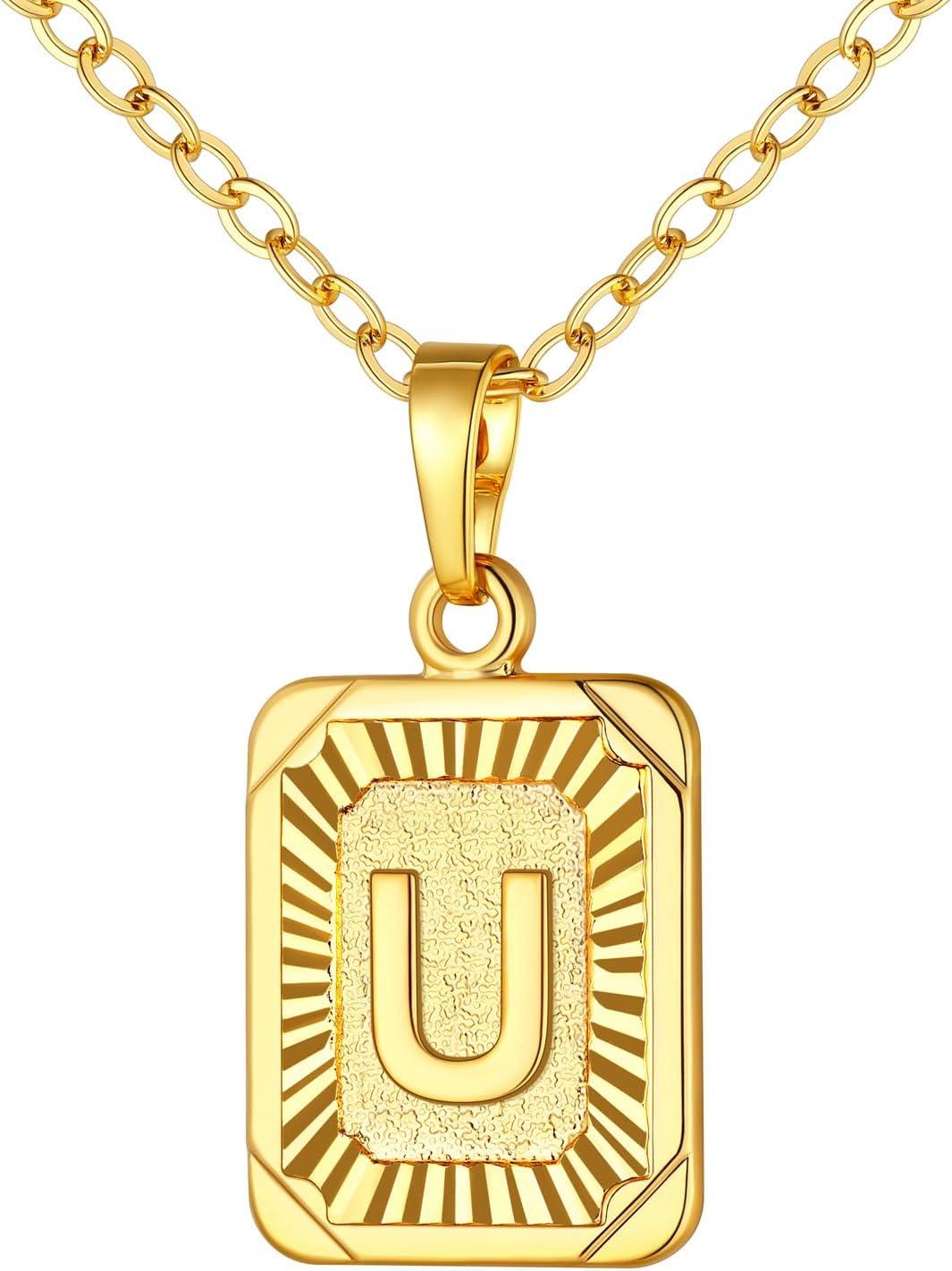 imageU7 Square Initial Necklace for Women GoldPlatinum Plated AZ 26 Letters Pendant Necklace Large Capital Monogram Retangle Tag Necklace Resizable Chain 20quot22quota Gold