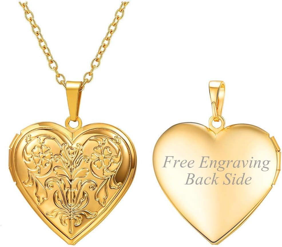 imageU7 Women Locket Necklace Platinum 14K Gold Photo Lockets that Hold PictureChain 20 Inch Personalized Gift Custom Love Heart Image Necklaces02 GoldFlower Grain