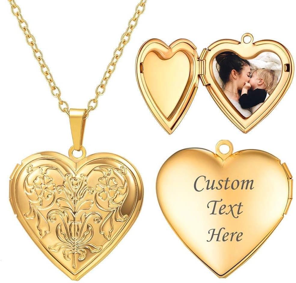 imageU7 Women Locket Necklace Platinum 14K Gold Photo Lockets that Hold PictureChain 20 Inch Personalized Gift Custom Love Heart Image Necklaces02 GoldFlower Grain