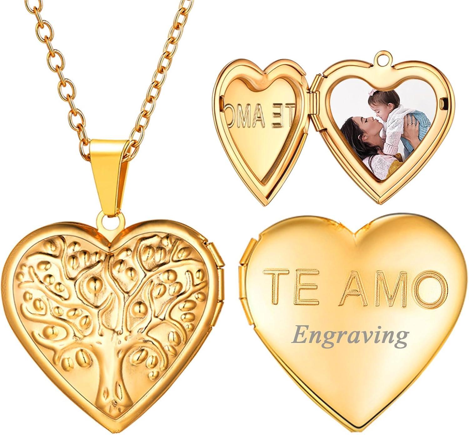 imageU7 Women Locket Necklace Platinum 14K Gold Photo Lockets that Hold PictureChain 20 Inch Personalized Gift Custom Love Heart Image Necklaces04 GoldTree of Life