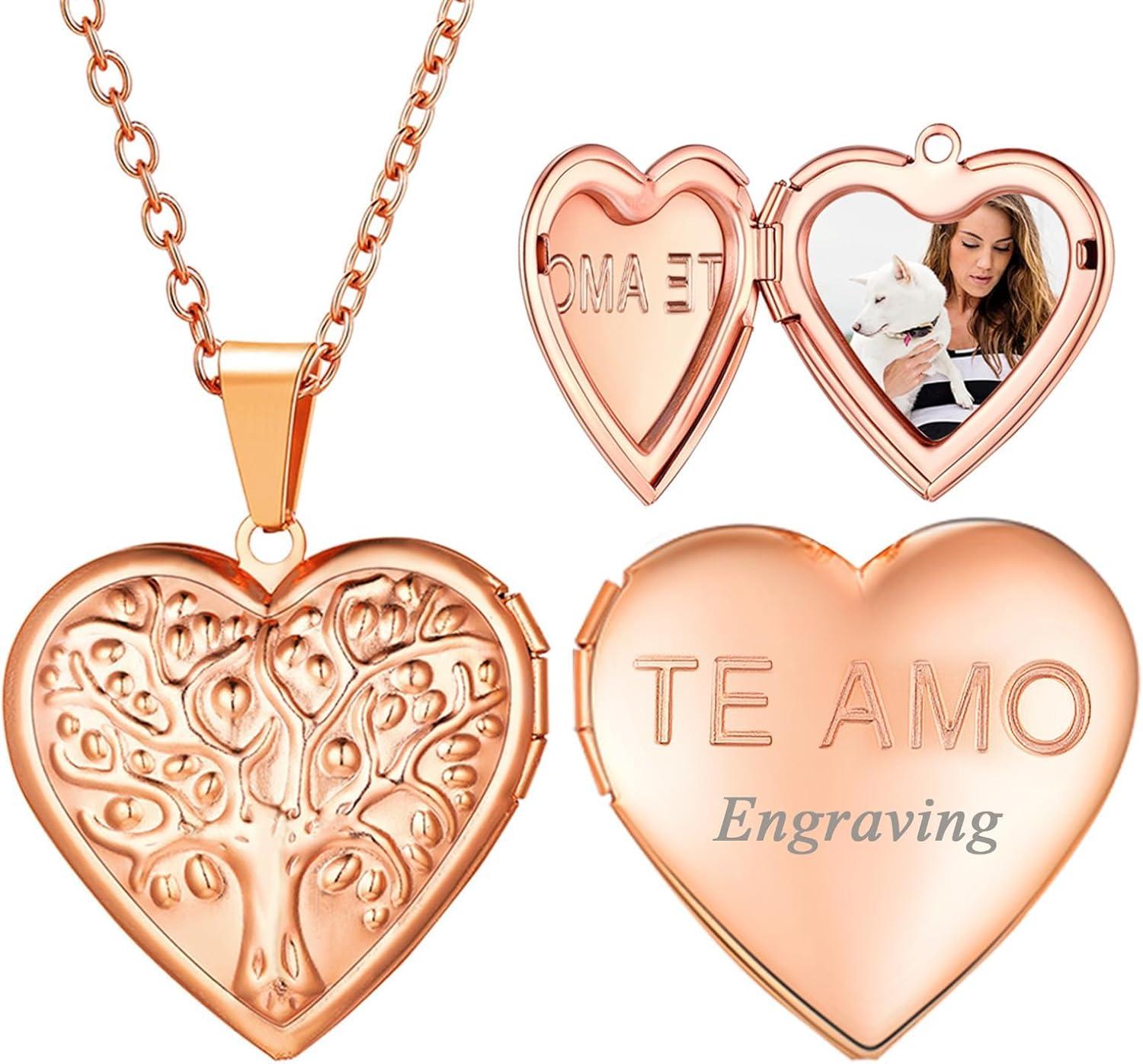 imageU7 Women Locket Necklace Platinum 14K Gold Photo Lockets that Hold PictureChain 20 Inch Personalized Gift Custom Love Heart Image Necklaces04 Rose GoldTree of Life