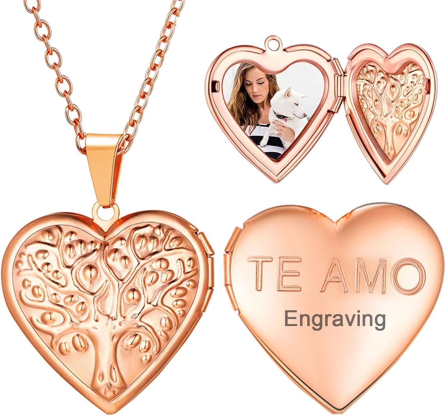 imageU7 Women Locket Necklace Platinum 14K Gold Photo Lockets that Hold PictureChain 20 Inch Personalized Gift Custom Love Heart Image Necklaces04 Rose GoldTree of Life