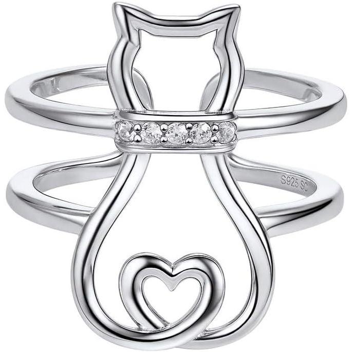 imageSILVERCUTE 925 Sterling Silver Band Rings Cat Rings for WomenAdjustable 925 Silver18K Gold Plated Band RingCatPanda RingCrystal CatSilver