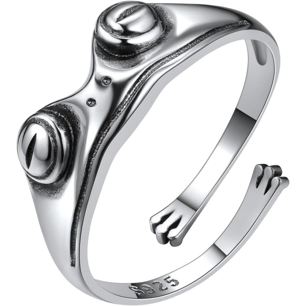 imageSILVERCUTE 925 Sterling Silver Band Rings Cat Rings for WomenAdjustable 925 Silver18K Gold Plated Band RingCatPanda RingFrogSilver