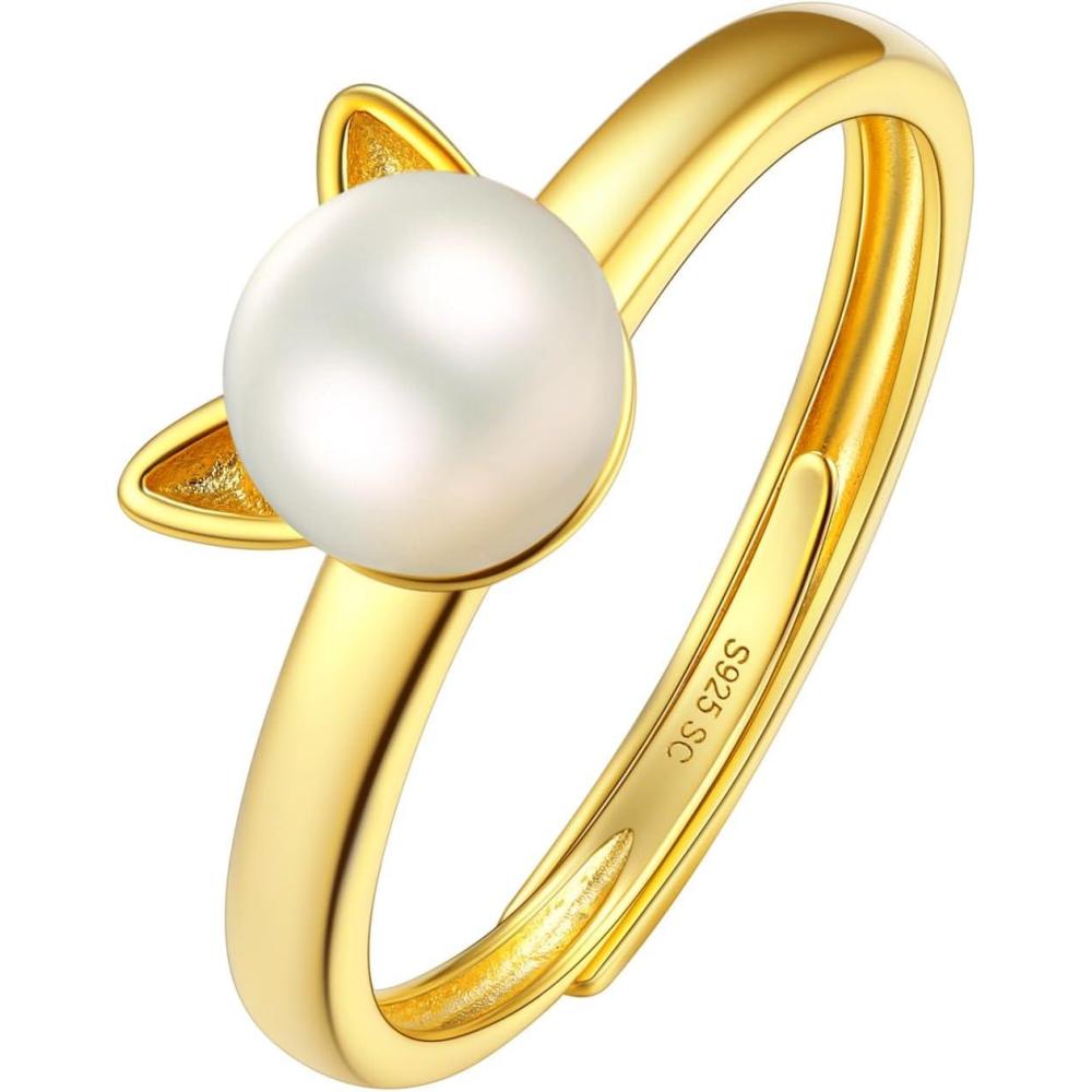 imageSILVERCUTE 925 Sterling Silver Band Rings Cat Rings for WomenAdjustable 925 Silver18K Gold Plated Band RingCatPanda RingPearl CatGold