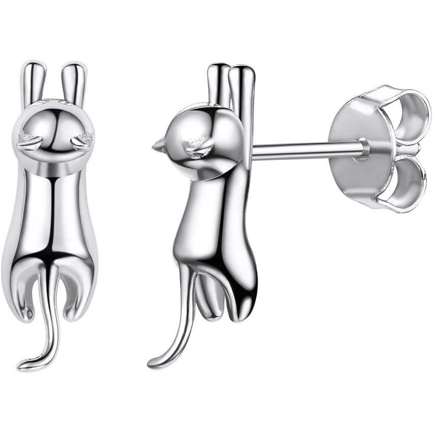 imageSILVERCUTE 925 Sterling Silver Earrings for WomenSilver CatDinosaurDevil HornLeafSnakeSkeleton Various Stud Earrings or Ear Cuffs02silver cat stud earrings