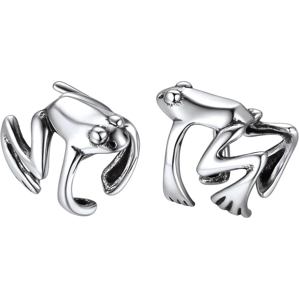 imageSILVERCUTE 925 Sterling Silver Earrings for WomenSilver CatDinosaurDevil HornLeafSnakeSkeleton Various Stud Earrings or Ear Cuffs07Frog cuff1 pair