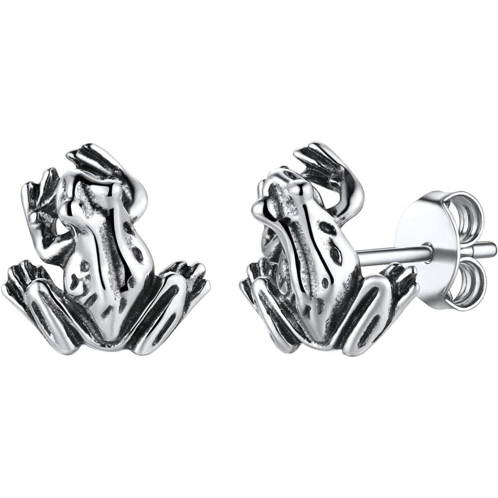 imageSILVERCUTE 925 Sterling Silver Earrings for WomenSilver CatDinosaurDevil HornLeafSnakeSkeleton Various Stud Earrings or Ear Cuffs13Frog stud1 pair
