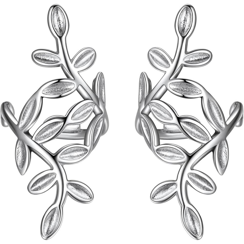 imageSILVERCUTE 925 Sterling Silver Earrings for WomenSilver CatDinosaurDevil HornLeafSnakeSkeleton Various Stud Earrings or Ear Cuffs16Leaf cuff1 pair