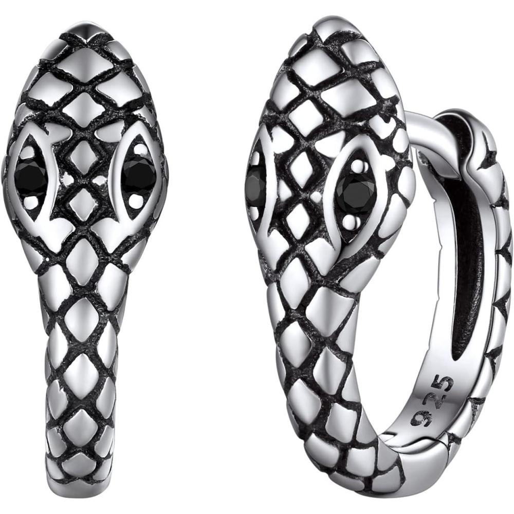 imageSILVERCUTE 925 Sterling Silver Earrings for WomenSilver CatDinosaurDevil HornLeafSnakeSkeleton Various Stud Earrings or Ear Cuffs17Snake hoop