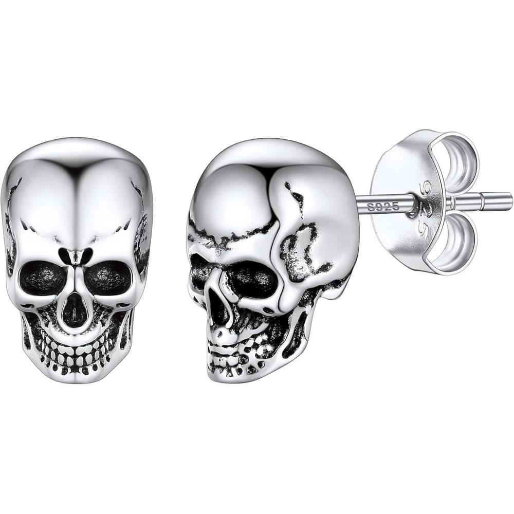 imageSILVERCUTE 925 Sterling Silver Earrings for WomenSilver CatDinosaurDevil HornLeafSnakeSkeleton Various Stud Earrings or Ear Cuffs21Skeleton stud1 pair