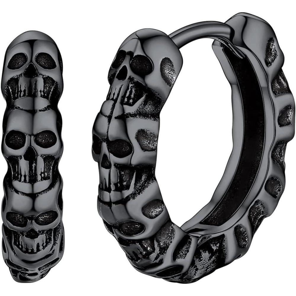 imageSILVERCUTE 925 Sterling Silver Earrings for WomenSilver CatDinosaurDevil HornLeafSnakeSkeleton Various Stud Earrings or Ear Cuffs25Skull hoopblack