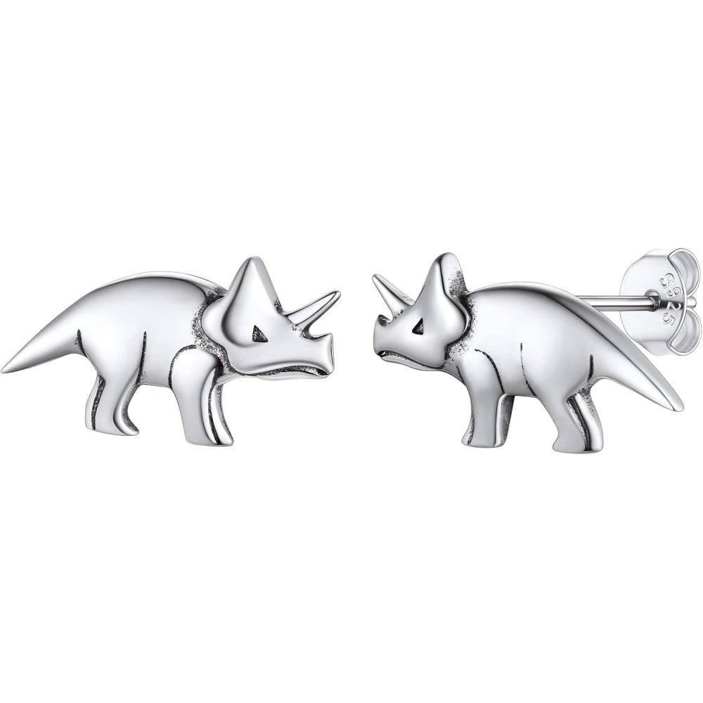 imageSILVERCUTE 925 Sterling Silver Earrings for WomenSilver CatDinosaurDevil HornLeafSnakeSkeleton Various Stud Earrings or Ear CuffsfTriceratops stud1 pair
